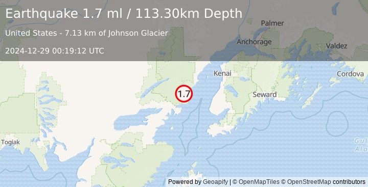 Earthquake 68 km WNW of Happy Valley, Alaska (1.7 ml) (2024-12-29 00:19:12 UTC)