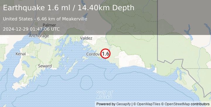 Earthquake 47 km E of Cordova, Alaska (1.6 ml) (2024-12-29 01:47:06 UTC)