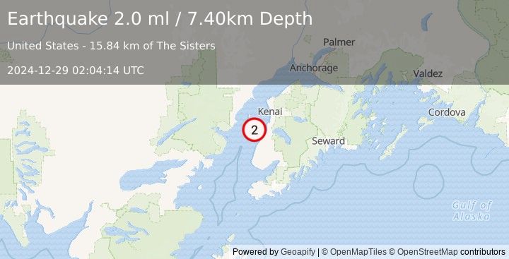 Earthquake 19 km WNW of Clam Gulch, Alaska (2.0 ml) (2024-12-29 02:04:14 UTC)