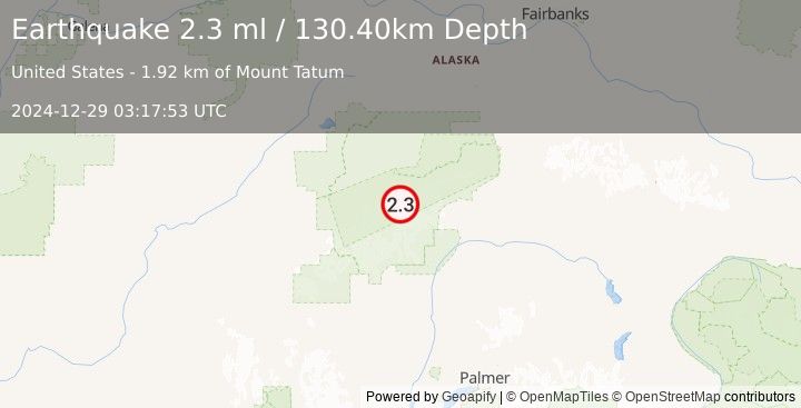 Earthquake 61 km SE of Denali National Park, Alaska (2.3 ml) (2024-12-29 03:17:53 UTC)