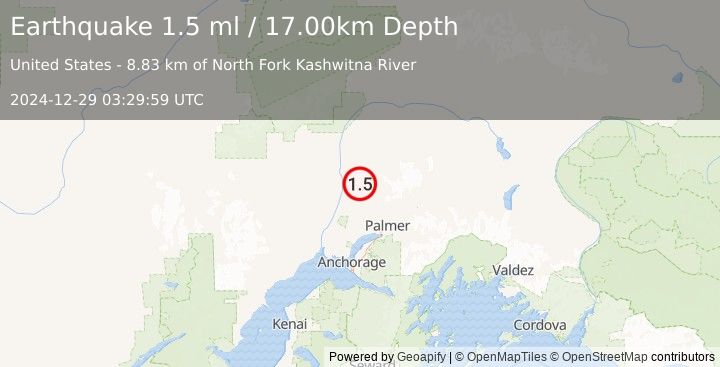 Earthquake 15 km SSE of Susitna North, Alaska (1.5 ml) (2024-12-29 03:29:59 UTC)