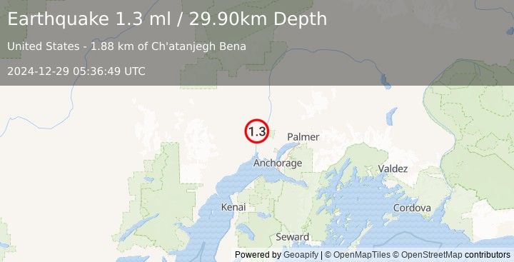 Earthquake 15 km N of Susitna, Alaska (1.3 ml) (2024-12-29 05:36:49 UTC)