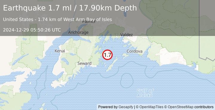 Earthquake 40 km NNE of Chenega, Alaska (1.7 ml) (2024-12-29 05:50:26 UTC)