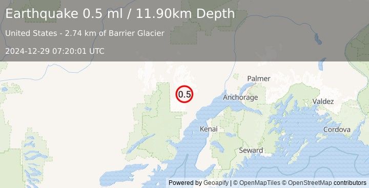 Earthquake 66 km WNW of Tyonek, Alaska (0.5 ml) (2024-12-29 07:20:01 UTC)