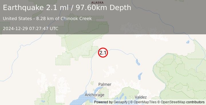 Earthquake 54 km NE of Chase, Alaska (2.1 ml) (2024-12-29 07:27:47 UTC)