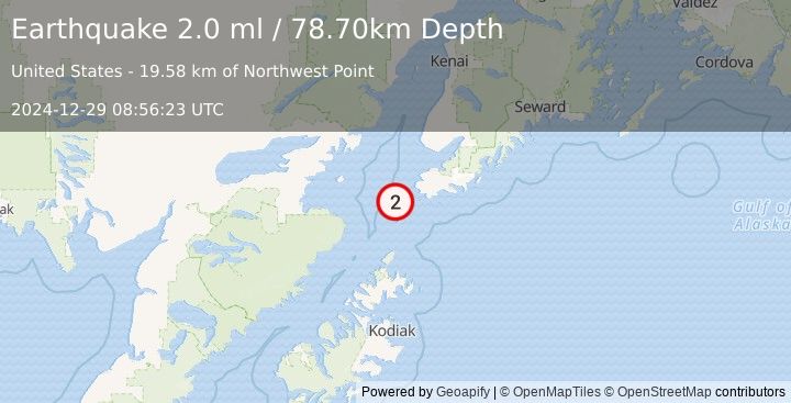 Earthquake 33 km SW of Nanwalek, Alaska (2.0 ml) (2024-12-29 08:56:23 UTC)