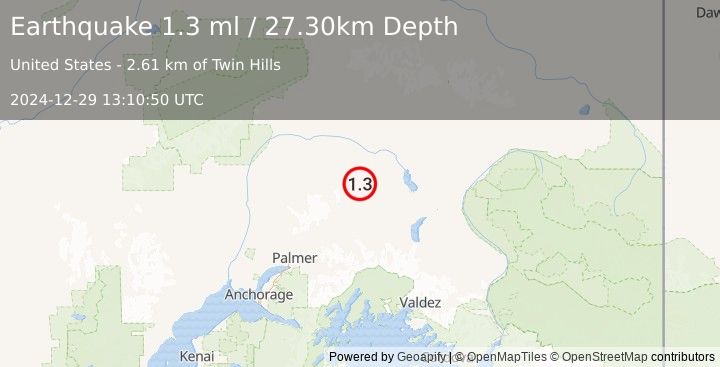 Earthquake 54 km NNW of Eureka Roadhouse, Alaska (1.3 ml) (2024-12-29 13:10:50 UTC)