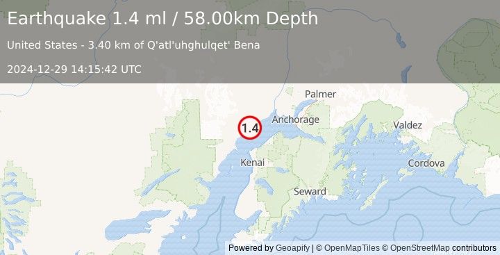 Earthquake 11 km WNW of Tyonek, Alaska (1.4 ml) (2024-12-29 14:15:42 UTC)