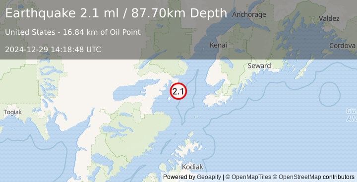 Earthquake 65 km WNW of Nanwalek, Alaska (2.1 ml) (2024-12-29 14:18:48 UTC)