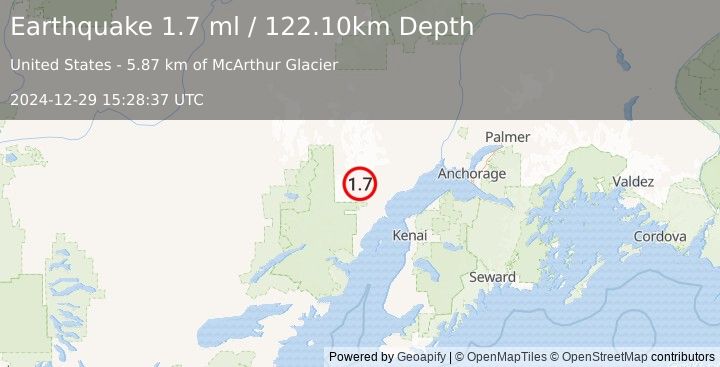 Earthquake 65 km W of Tyonek, Alaska (1.7 ml) (2024-12-29 15:28:37 UTC)