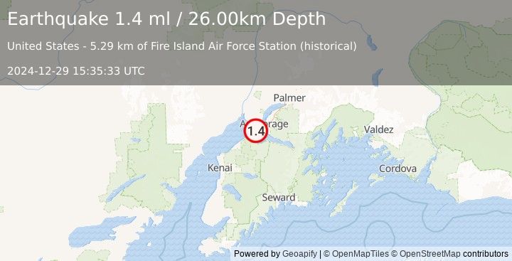 Earthquake 17 km SW of Anchorage, Alaska (1.4 ml) (2024-12-29 15:35:33 UTC)