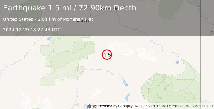 Earthquake 51 km E of Cantwell, Alaska (1.5 ml) (2024-12-29 18:27:43 UTC)