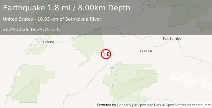 Earthquake 53 km NNW of Lake Minchumina, Alaska (1.8 ml) (2024-12-29 19:24:25 UTC)