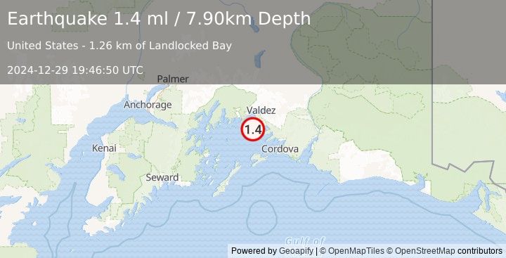 Earthquake 4 km ESE of Tatitlek, Alaska (1.4 ml) (2024-12-29 19:46:50 UTC)