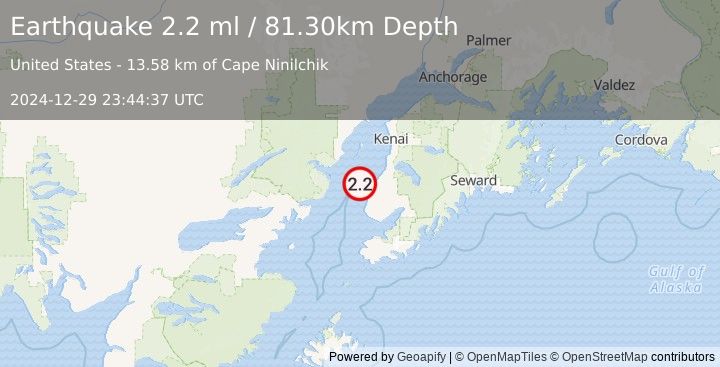 Earthquake 15 km W of Ninilchik, Alaska (2.2 ml) (2024-12-29 23:44:37 UTC)