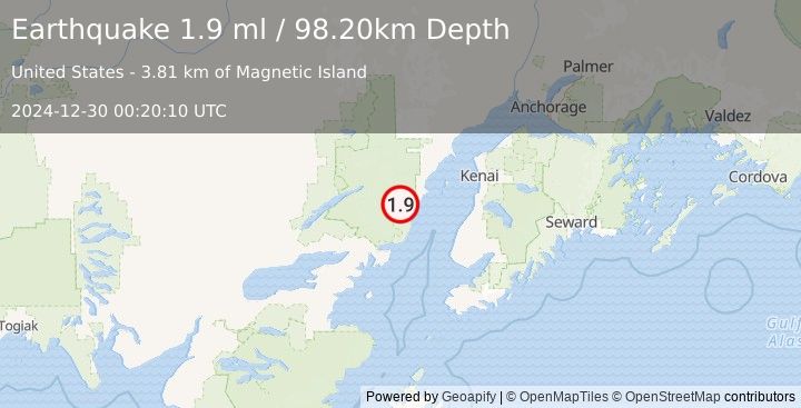 Earthquake 68 km WNW of Ninilchik, Alaska (1.9 ml) (2024-12-30 00:20:10 UTC)