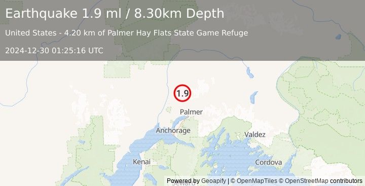 Earthquake 27 km SE of Susitna North, Alaska (1.9 ml) (2024-12-30 01:25:16 UTC)