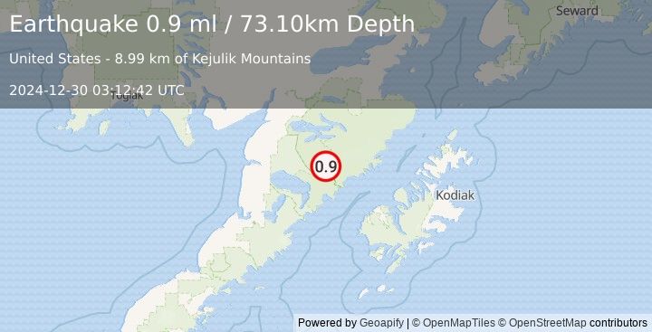 Earthquake 88 km SE of King Salmon, Alaska (0.9 ml) (2024-12-30 03:12:42 UTC)