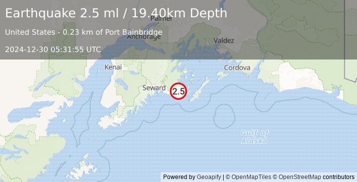 Earthquake 19 km WSW of Chenega, Alaska (2.5 ml) (2024-12-30 05:31:55 UTC)