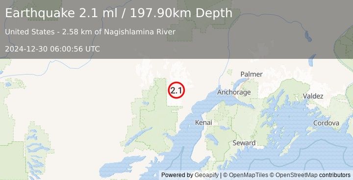 Earthquake 74 km WNW of Tyonek, Alaska (2.1 ml) (2024-12-30 06:00:56 UTC)