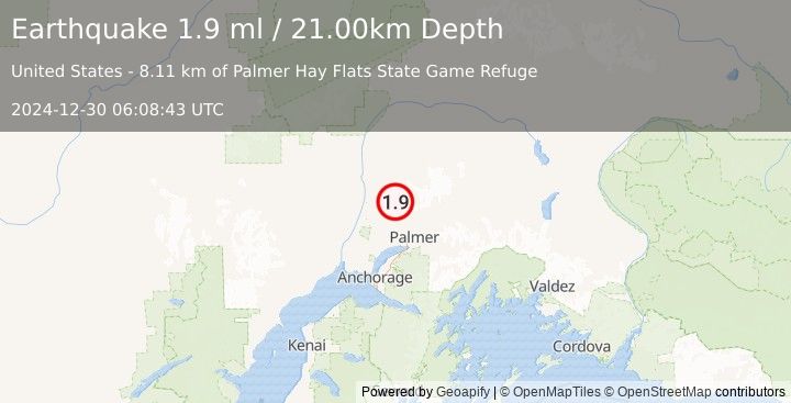 Earthquake 24 km NNW of Fishhook, Alaska (1.9 ml) (2024-12-30 06:08:43 UTC)