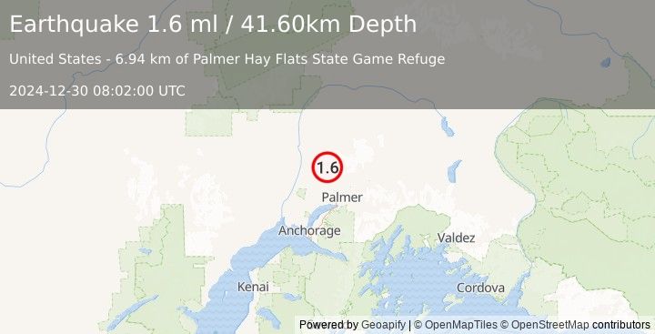 Earthquake 24 km NNW of Fishhook, Alaska (1.6 ml) (2024-12-30 08:02:00 UTC)