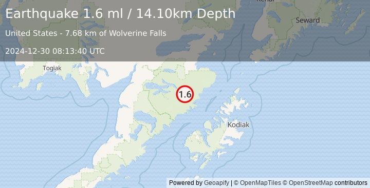 Earthquake 102 km N of Karluk, Alaska (1.6 ml) (2024-12-30 08:13:40 UTC)