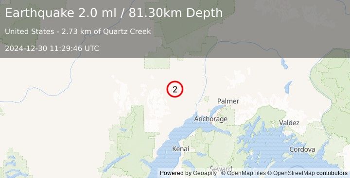 Earthquake 16 km SSW of Skwentna, Alaska (2.0 ml) (2024-12-30 11:29:46 UTC)