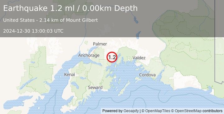 Earthquake 48 km NNE of Whittier, Alaska (1.2 ml) (2024-12-30 13:00:03 UTC)