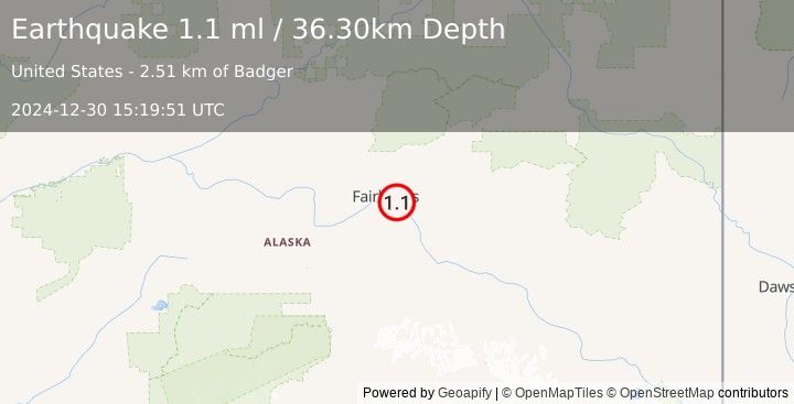 Earthquake 2 km SE of Badger, Alaska (1.1 ml) (2024-12-30 15:19:51 UTC)