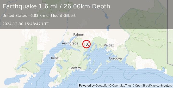 Earthquake 41 km SE of Knik River, Alaska (1.6 ml) (2024-12-30 15:48:47 UTC)