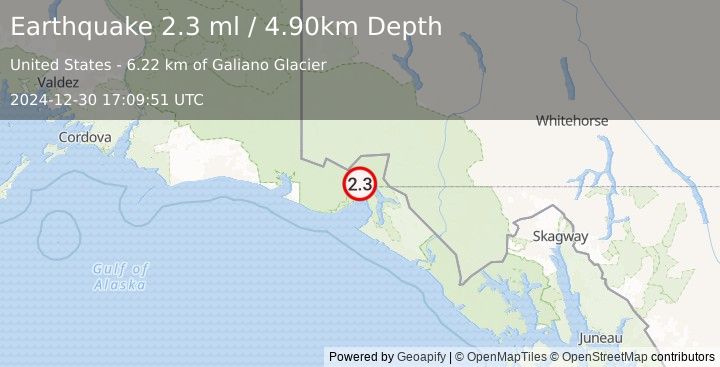 Earthquake 54 km N of Yakutat, Alaska (2.3 ml) (2024-12-30 17:09:51 UTC)