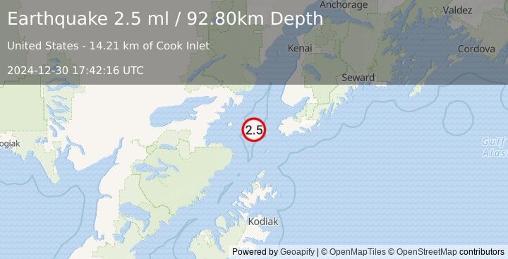 Earthquake 44 km WSW of Nanwalek, Alaska (2.5 ml) (2024-12-30 17:42:16 UTC)