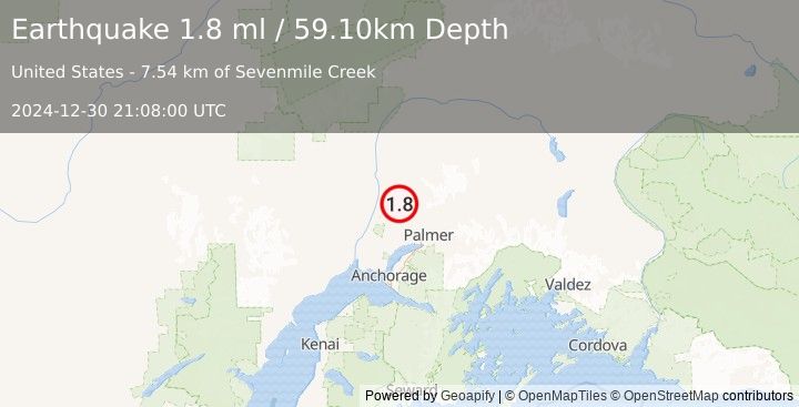 Earthquake 24 km NE of Willow, Alaska (1.8 ml) (2024-12-30 21:08:00 UTC)