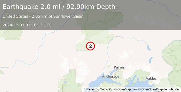 Earthquake 45 km W of Petersville, Alaska (2.0 ml) (2024-12-31 01:18:13 UTC)