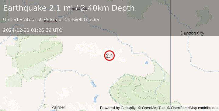 Earthquake 29 km NNE of Paxson, Alaska (2.1 ml) (2024-12-31 01:26:39 UTC)