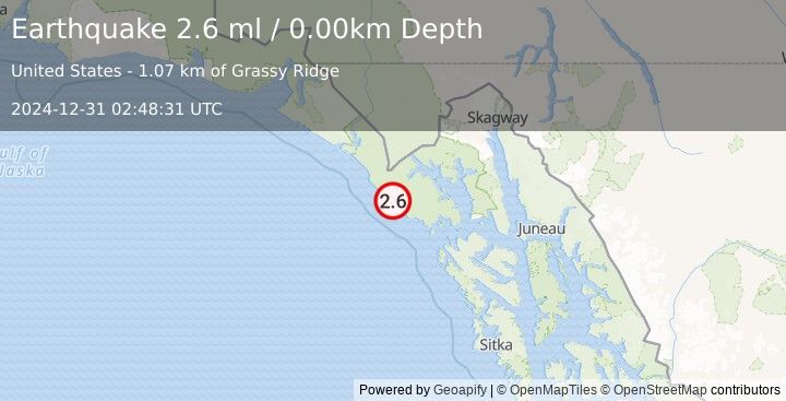 Earthquake 76 km NW of Elfin Cove, Alaska (2.6 ml) (2024-12-31 02:48:31 UTC)