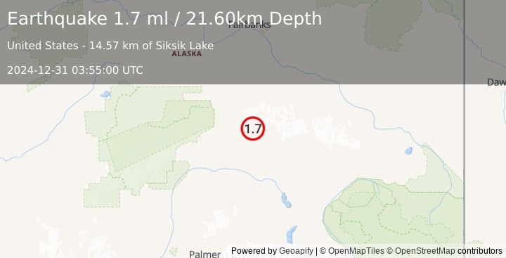 Earthquake 67 km E of Cantwell, Alaska (1.7 ml) (2024-12-31 03:55:00 UTC)