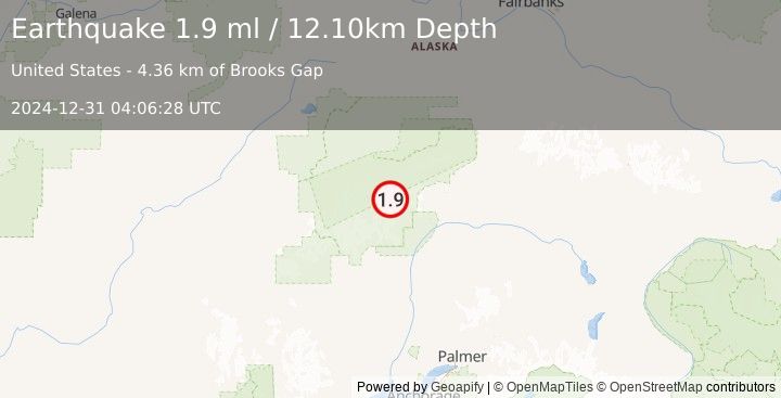 Earthquake 65 km N of Petersville, Alaska (1.9 ml) (2024-12-31 04:06:28 UTC)