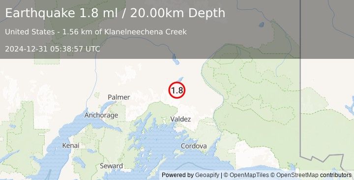 Earthquake 30 km SSE of Nelchina, Alaska (1.8 ml) (2024-12-31 05:38:57 UTC)