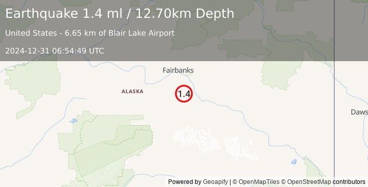 Earthquake 30 km WSW of Salcha, Alaska (1.4 ml) (2024-12-31 06:54:49 UTC)