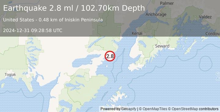 Earthquake 51 km E of Pedro Bay, Alaska (2.8 ml) (2024-12-31 09:28:58 UTC)