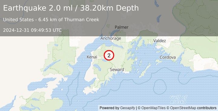 Earthquake 16 km NW of Cooper Landing, Alaska (2.0 ml) (2024-12-31 09:49:53 UTC)