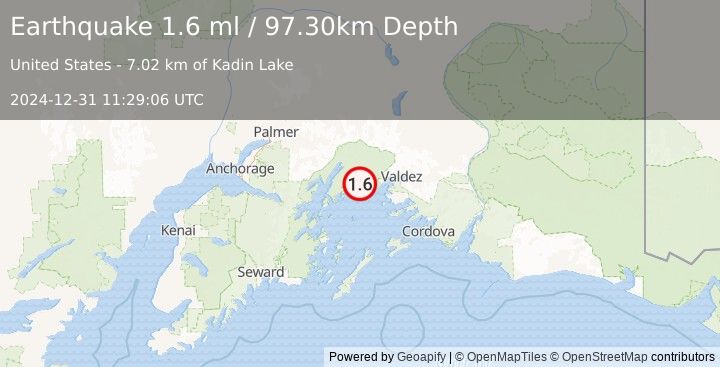 Earthquake 37 km WNW of Tatitlek, Alaska (1.6 ml) (2024-12-31 11:29:06 UTC)