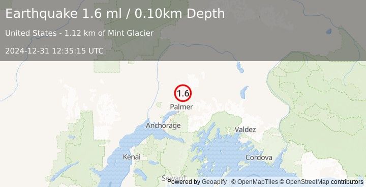 Earthquake 17 km N of Buffalo Soapstone, Alaska (1.6 ml) (2024-12-31 12:35:15 UTC)