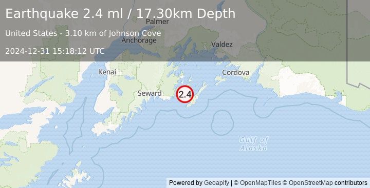 Earthquake 4 km ENE of Chenega, Alaska (2.4 ml) (2024-12-31 15:18:12 UTC)