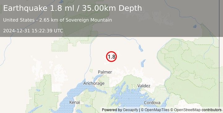 Earthquake 37 km NNW of Chickaloon, Alaska (1.8 ml) (2024-12-31 15:22:39 UTC)