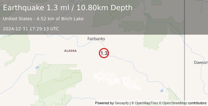 Earthquake 20 km SSW of Salcha, Alaska (1.3 ml) (2024-12-31 17:29:13 UTC)