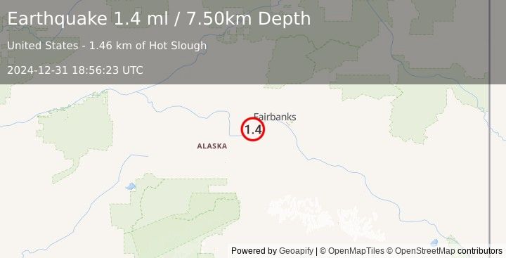 Earthquake 26 km SW of Ester, Alaska (1.4 ml) (2024-12-31 18:56:23 UTC)