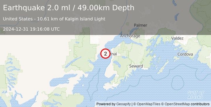 Earthquake 23 km WSW of Salamatof, Alaska (2.0 ml) (2024-12-31 19:16:08 UTC)